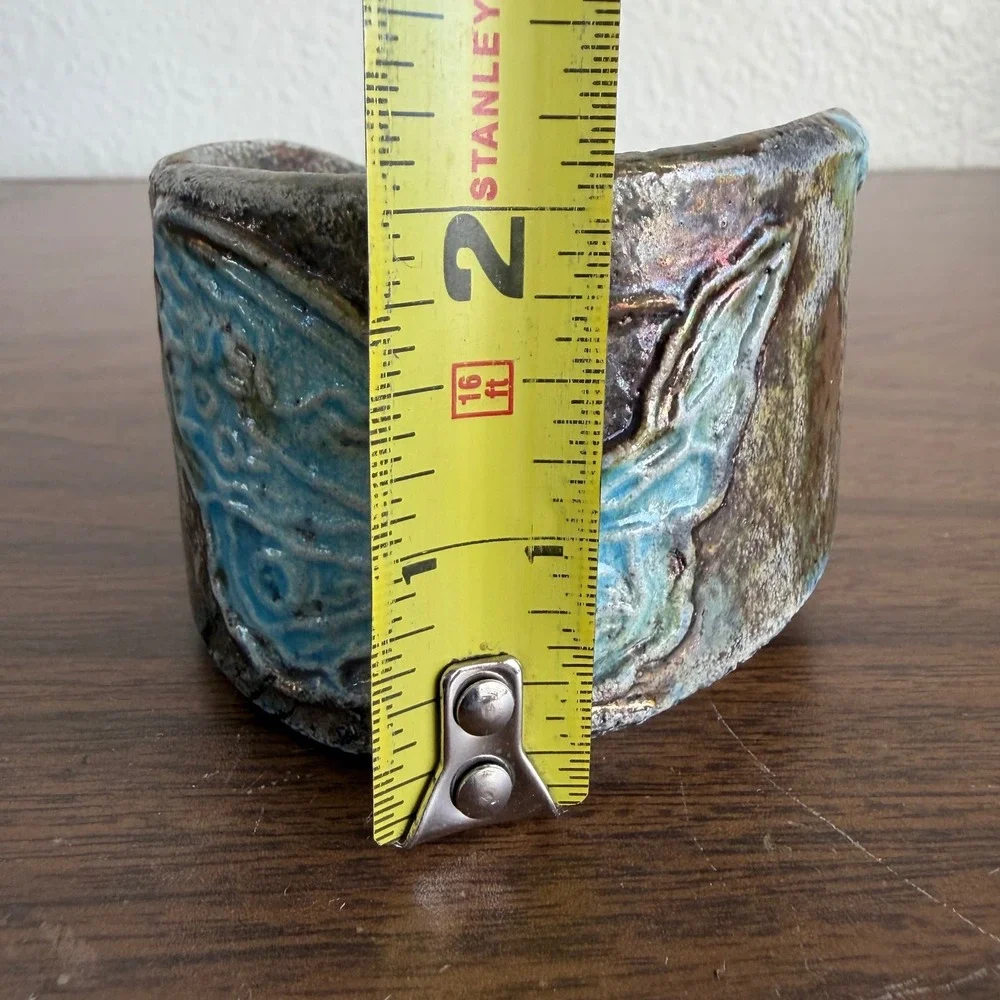 Wide Pottery Cuff Bracelet Ceramic Bangle Turquoise Butterfly Patina Boho NICE